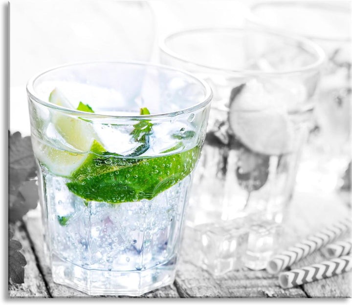 Mojito-Gläser mit Minze Herdabdeckplatte & Spritzschutz aus Echtglas | Für Herd-Kochfelder | 60x52 c