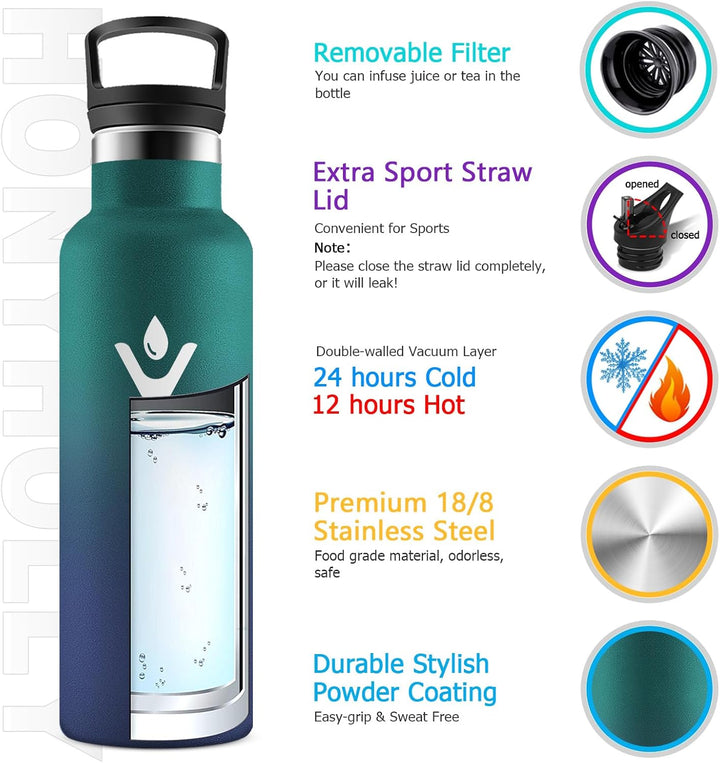 Thermosflasche 500ml mit Strohhalm, Trinkflasche Edelstahl, Doppelwandig Isoliert, BPA-frei, Kohlens