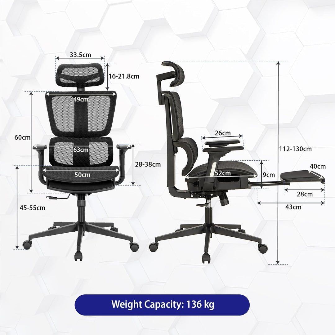 ALPHA HOME Ergonomischer Bürostuhl Schreibtischstuhl mit Fussstütze Verstellbarer Lendenwirbelstütze