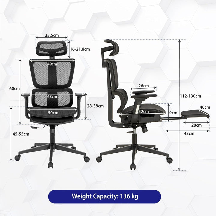 ALPHA HOME Ergonomischer Bürostuhl Schreibtischstuhl mit Fussstütze Verstellbarer Lendenwirbelstütze