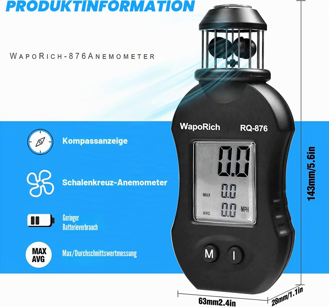 WapoRich Mini Windmesser, 360° Cup-Anemometer Handheld Windmessgerät misst Windgeschwindig 0,7–42 m/