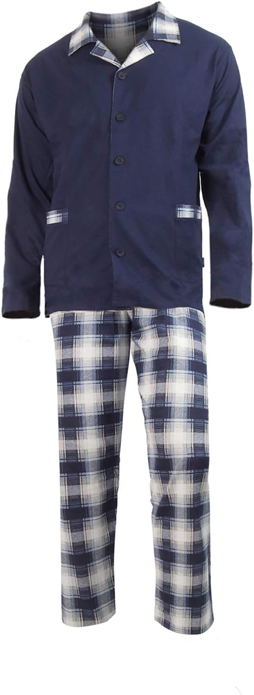 e.VIP ® Herren Schlafanzug OREST 201 aus 100% Baumwolle, Marine Kariert
