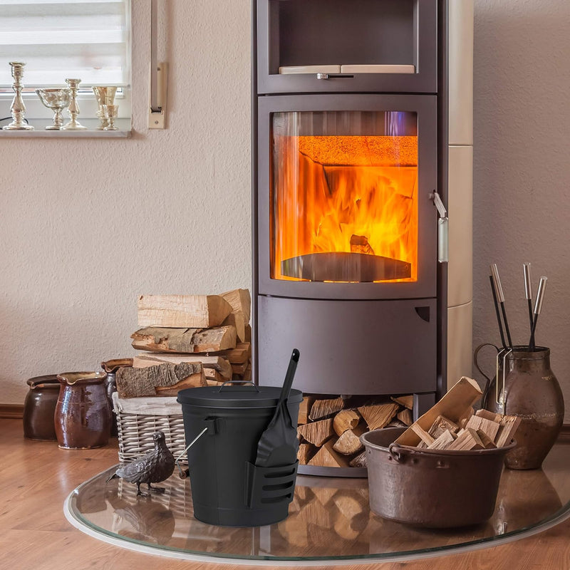 Relaxdays, schwarz Ascheeimer mit Deckel und Schaufel, Stahl, Kohleeimer mit Henkel, 19 L, Aschescha