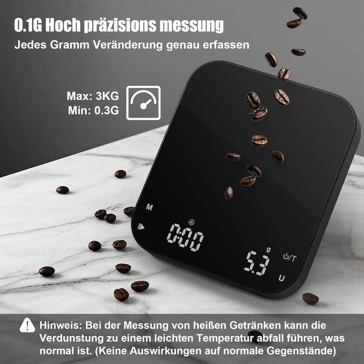 Diyife Kaffeewaage mit Timer, 3kg/0,1g Wiederaufladbare Espresso Waage mit HD LCD Display, Tara Funk