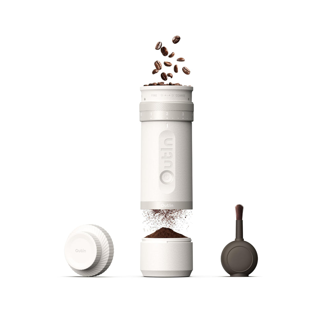 OutIn Fino Tragbare Elektrische Kaffeemühle Kegelmahlwerk - 28 Externe Mahlstufen, 7-Stern-Edelstahl