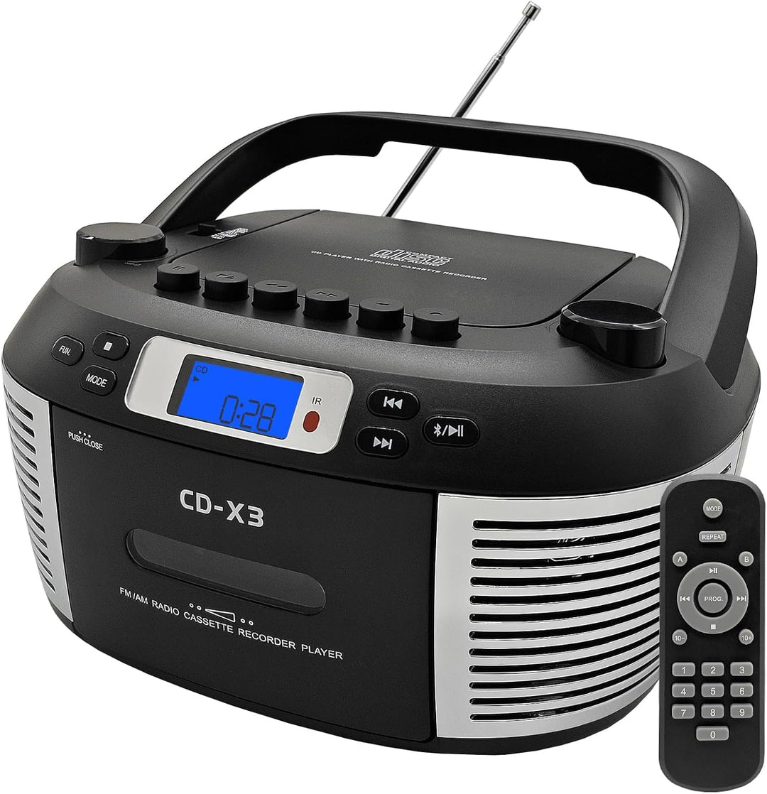 Tragbarer CD- & Kassettenplayer mit Fernbedienung – Inklusive FM/AM-Radio, USB-Wiedergabe, Bluetooth