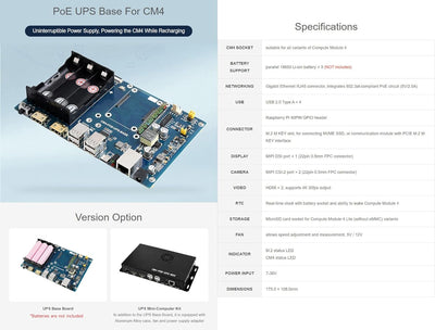 Waveshare PoE UPS Uninterruptible Power Supply Base Board/Mini-Computer Designed for Raspberry Pi Co