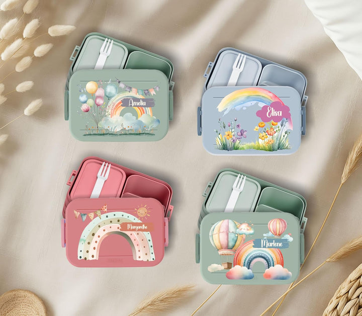 Personalisierte Mepal Brotdose Kinder mit Fächern und Namen - Regenbogen Motive Lunchbox für Schule