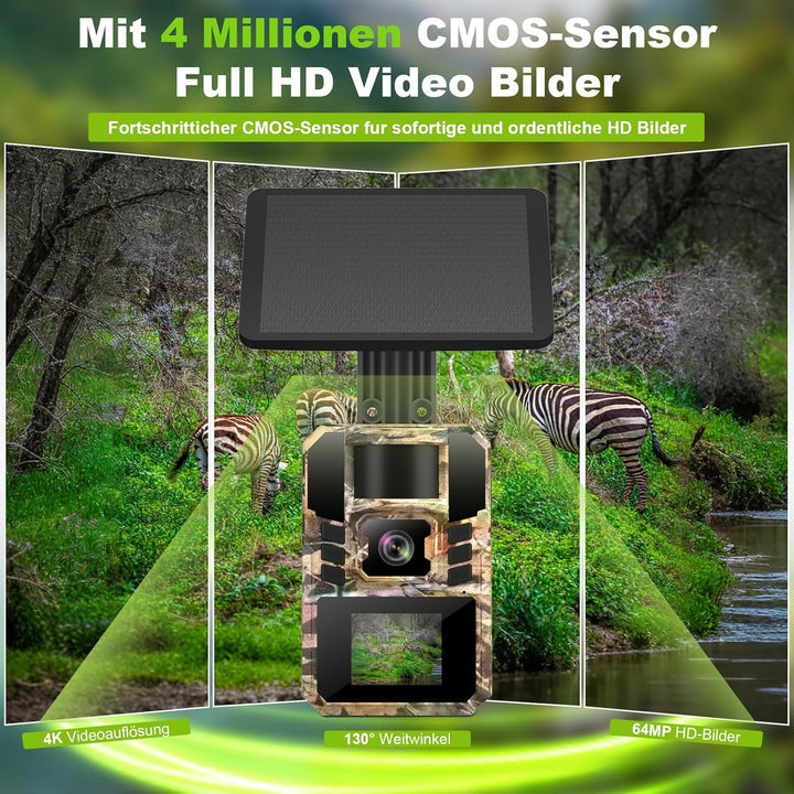 3 Wildkamera Solar, 4K/64MP Wildkamera WLAN mit Handyübertragung APP, Bewegungssensor, Nachtsicht, 0