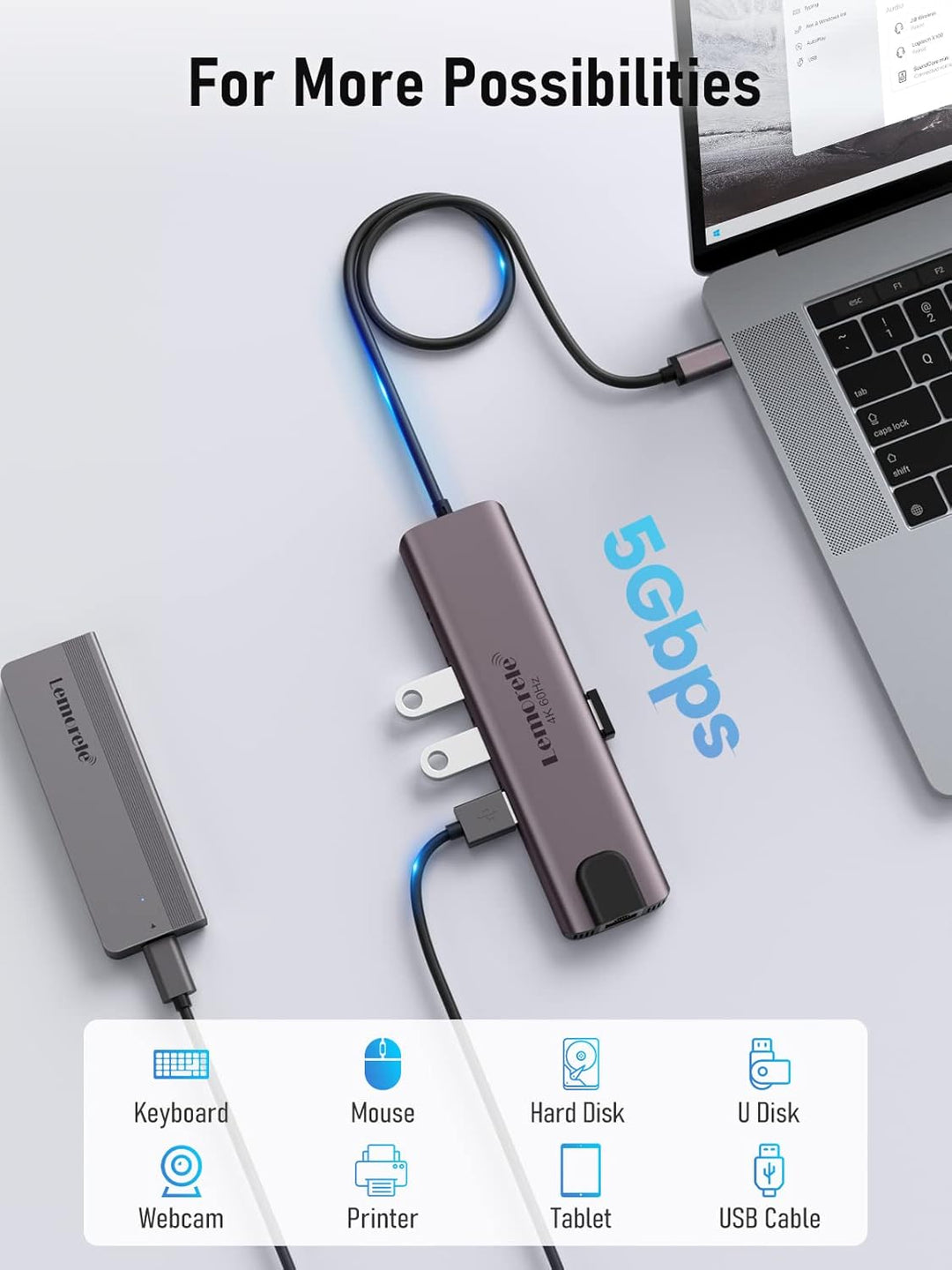 Lemorele Aluminiumgehäuse USB-C Hub Docking Station11-in-1-4K@60Hz HDMI, Gigabit Ethernet, 100W PD,