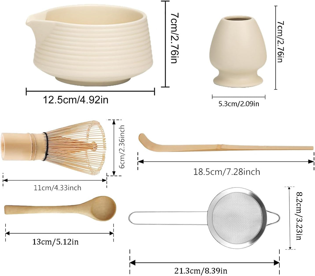 6 Piece Matcha Tea Set Beige Weiss,Matcha Besen Set, with Matcha Whisk, Matcha Broom,Matcha Schale,M