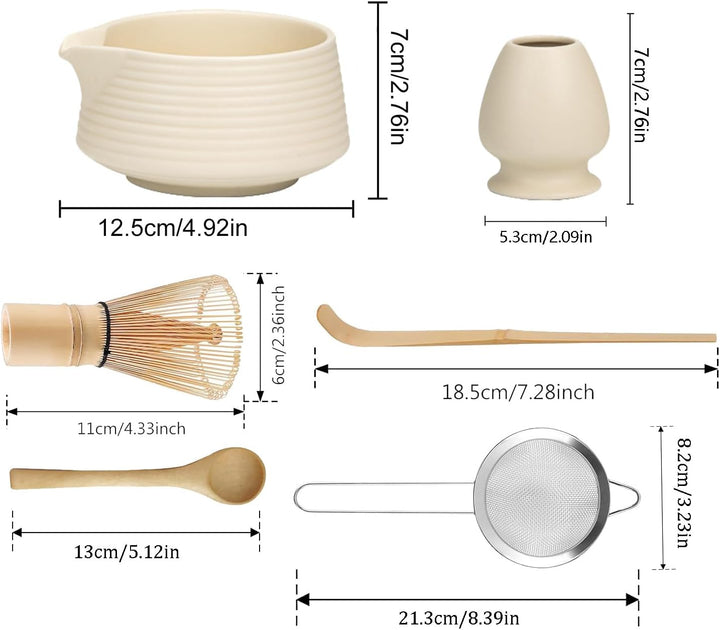 6 Piece Matcha Tea Set Beige Weiss,Matcha Besen Set, with Matcha Whisk, Matcha Broom,Matcha Schale,M