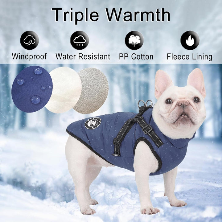 LUOWAN Hundemantel Wasserdicht, Hundemantel Französische Bulldogge, Warme Weste mit Hundegeschirr, V