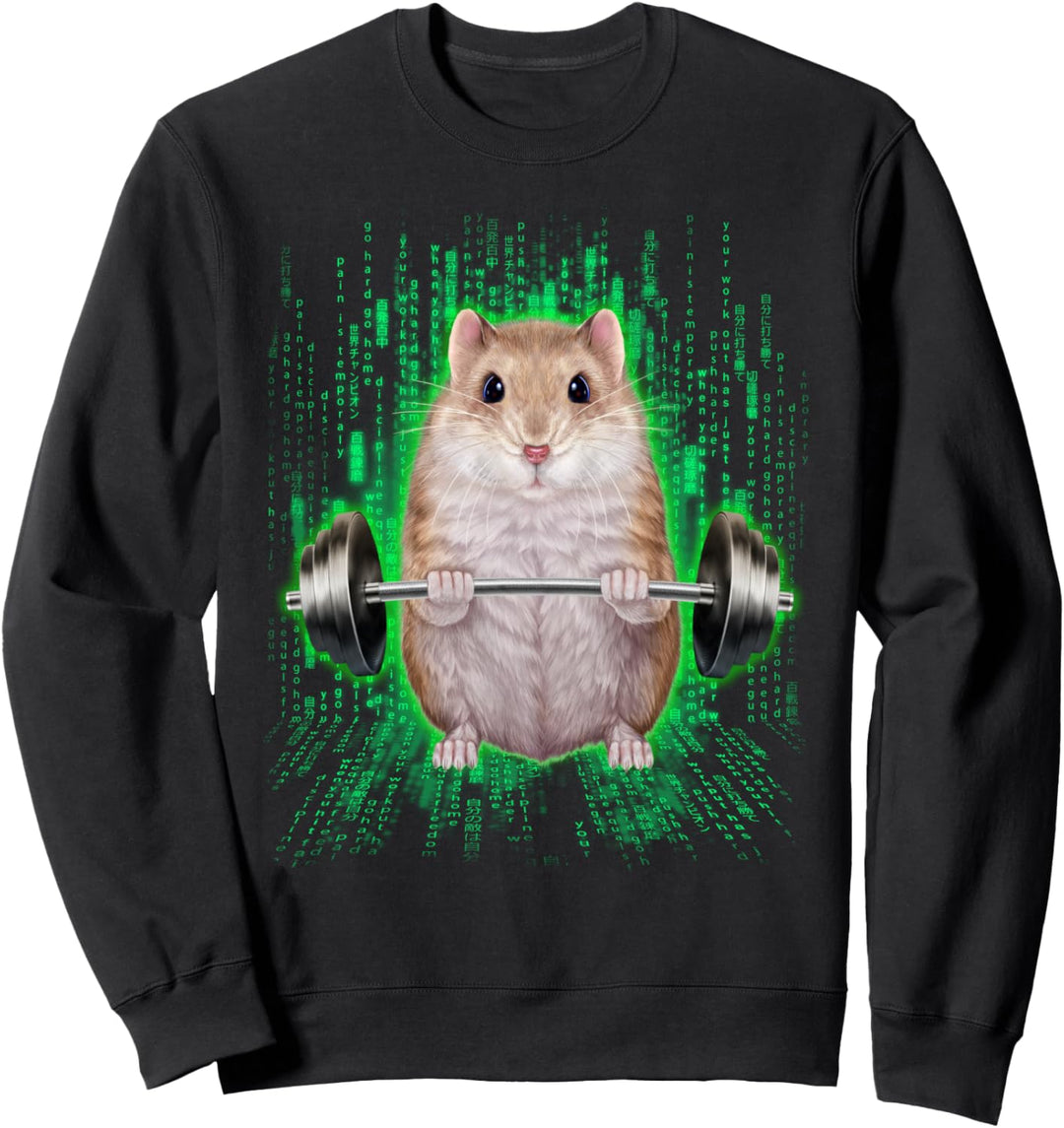 Zwerghamster, der Gewichte im Cyber-Fitnessstudio hebt Sweatshirt