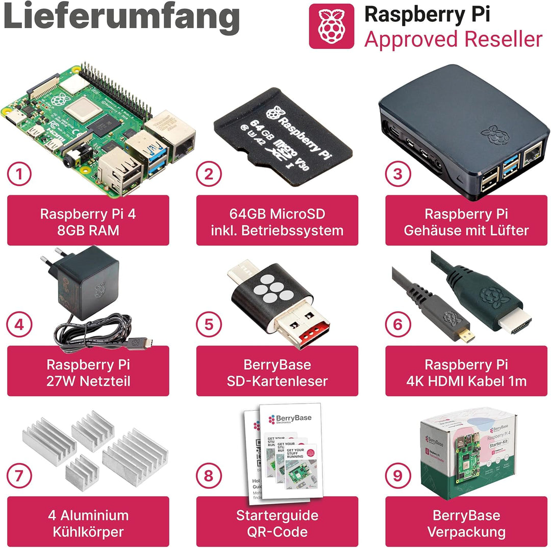 Raspberry Pi 4 Starterkit (8 GB RAM) Komplett-Set von BerryBase, MicroSD-Karte mit Raspberry Pi OS,