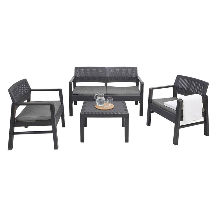 Dmora Innen- und Aussenlounge bestehend aus: 2 Sesseln, 1 Zweisitzer-Sofa und 1 Couchtisch, mit Kiss