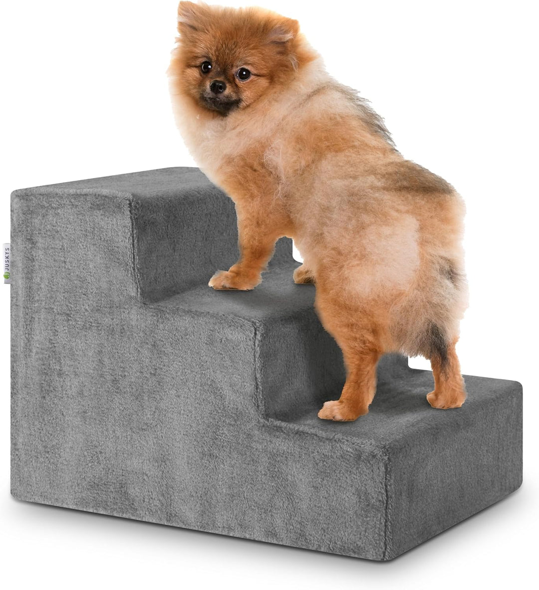Juskys Haustiertreppe Hundetreppe 36 cm - Treppe 3 Stufen Plüsch-Bezug waschbar - Katzentreppe Hunde