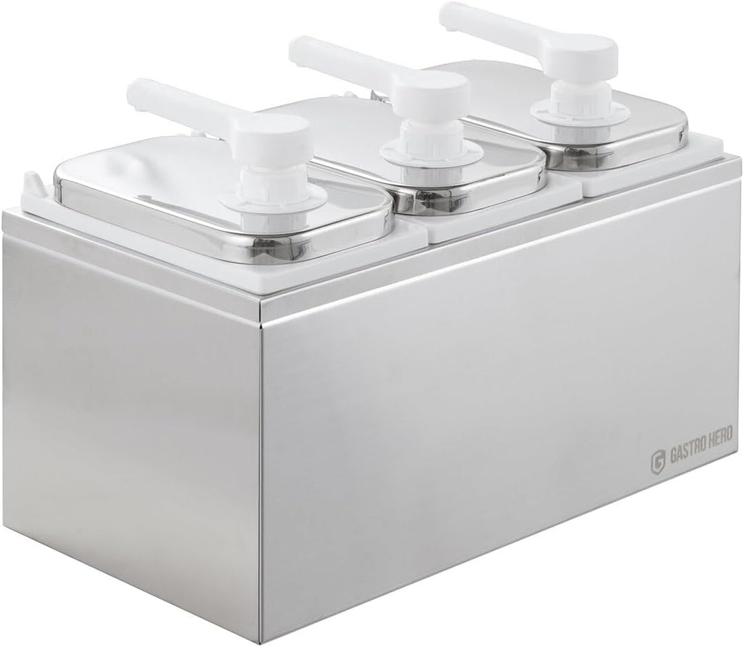 GastroHero Saucenspender 3x 2 Liter – Edelstahl Dosierpumpe & PP-Behälter für Ketchup, Mayonnaise, D
