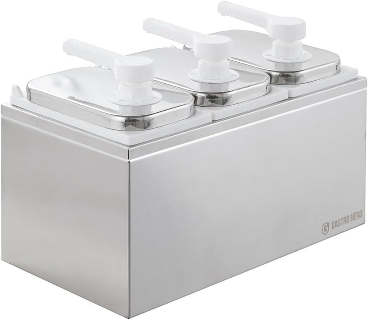 GastroHero Saucenspender 3x 2 Liter – Edelstahl Dosierpumpe & PP-Behälter für Ketchup, Mayonnaise, D