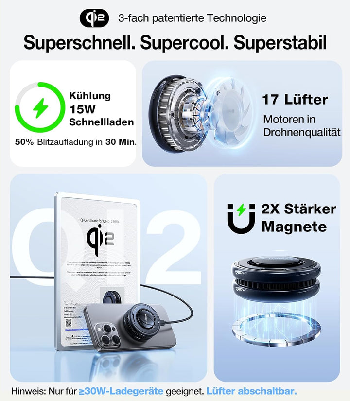 TORRAS PolarCircle für MagSafe Ladegerät, Kühlung Kabelloses Qi2-Zertifiziert Wireless Charger mit 1