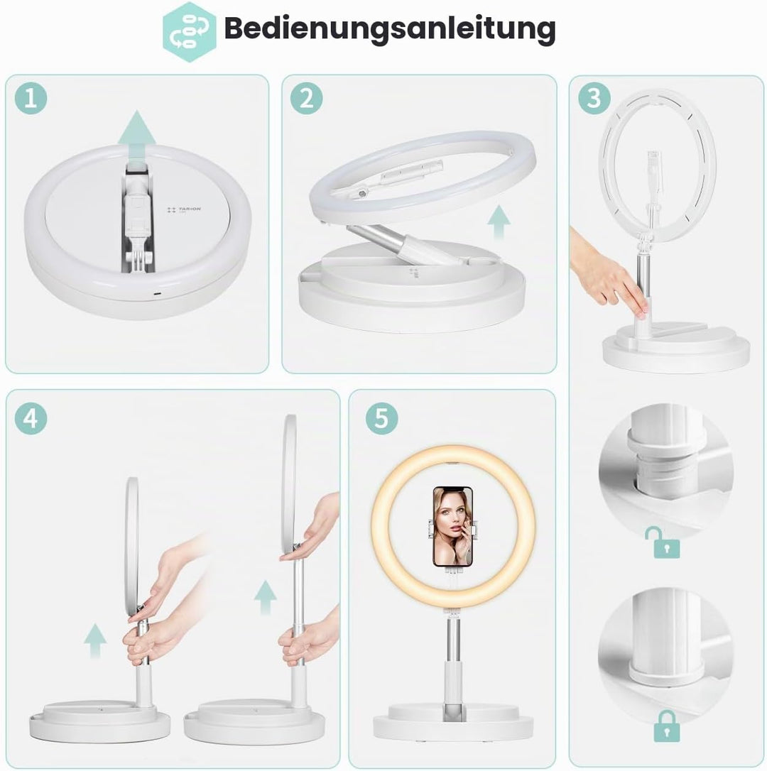 TARION Ringlicht mit Stativ LED Ringleuchte: Tisch Ring Light 11,8 Zoll Ringlampe Lichtring Faltbare