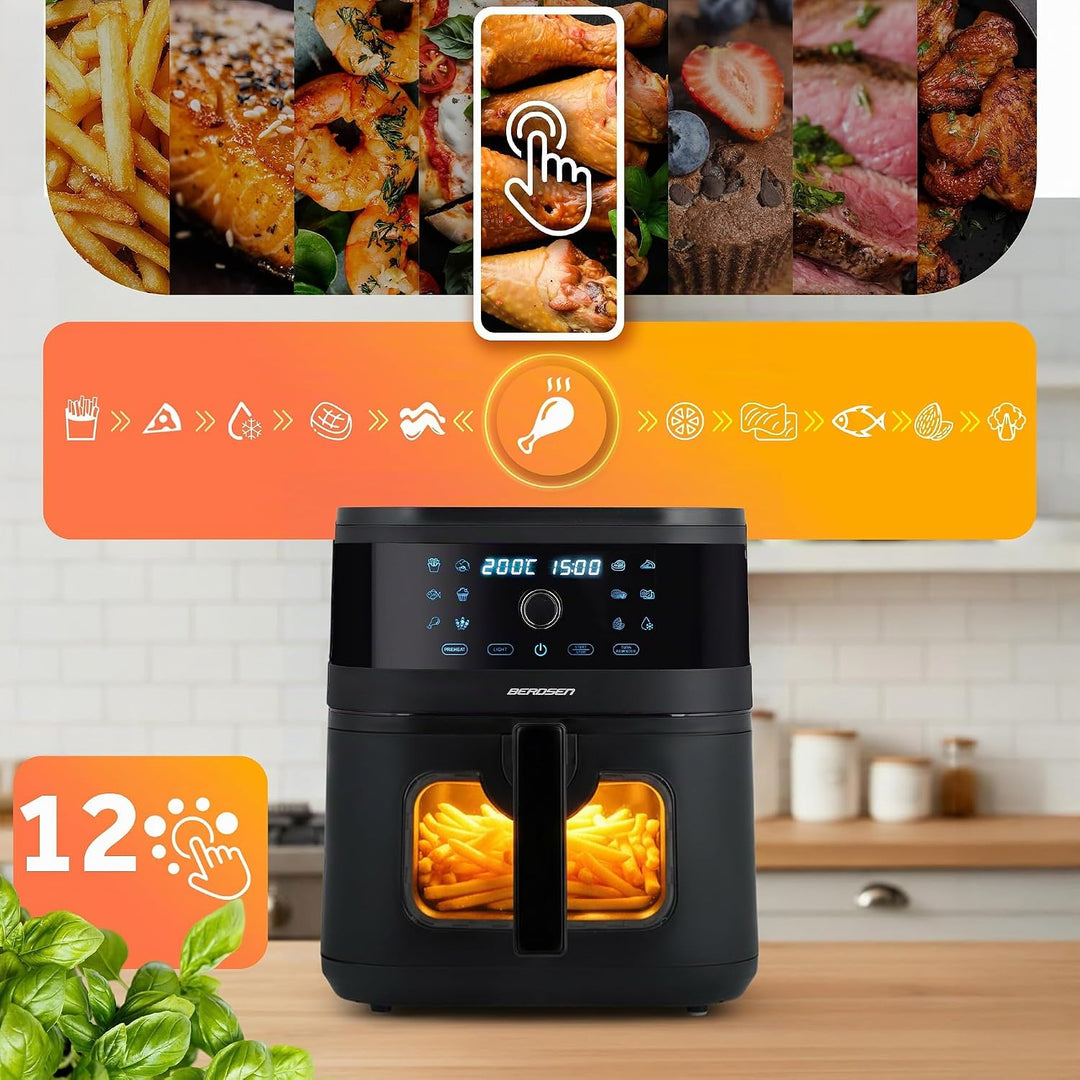 Berdsen Heissluftfritteuse XXL 8L - Airfryer mit Sichtfenster und Touchscreen - 1700W - 12 Programme
