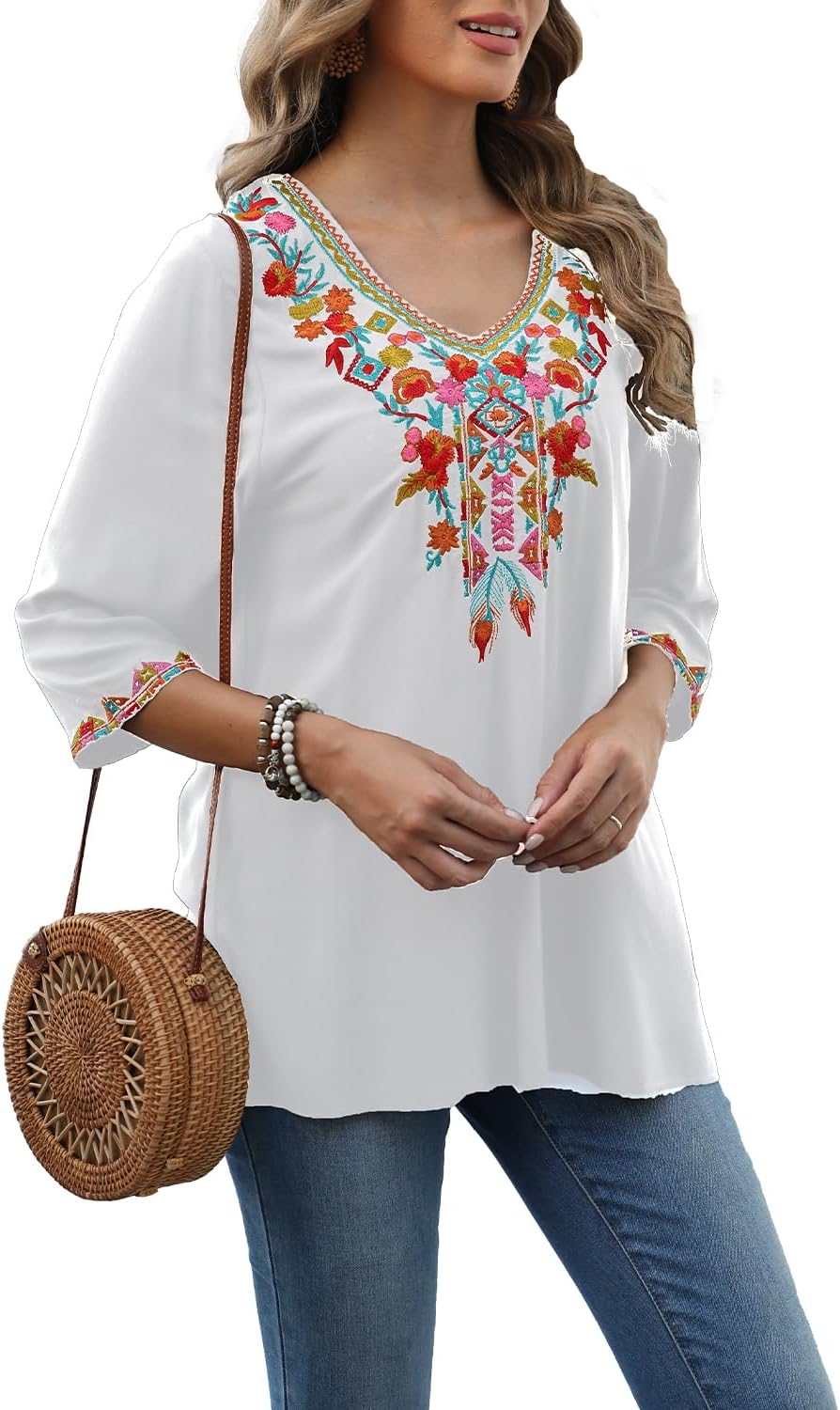 Seasonal Boho Tunika Damen Sommer Mexikanische Blumen Bestickt V-Ausschnitt Top 3/4 Ärmel Hippie Los