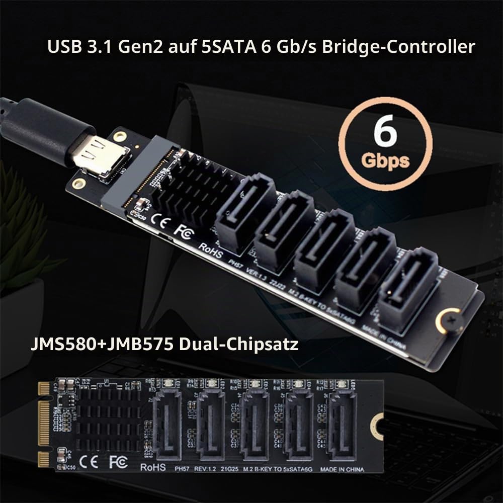 NFHK 10Gbps USB-C Typ-C zu NGFF Schlüssel B+M SATA 6Gbps 5 Ports Adapter Konverter PM Port Multiplie