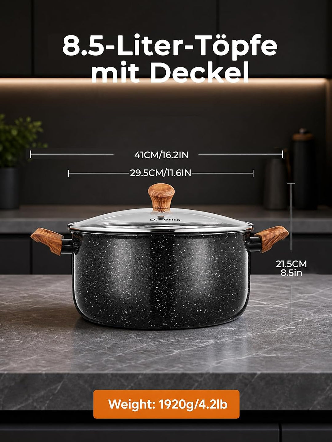 D.Perlla Kochtopf Induktion Topf mit Deckel, 28 cm Suppentöpfe, 8.5 L | Aluminium Topf mit antihaftb