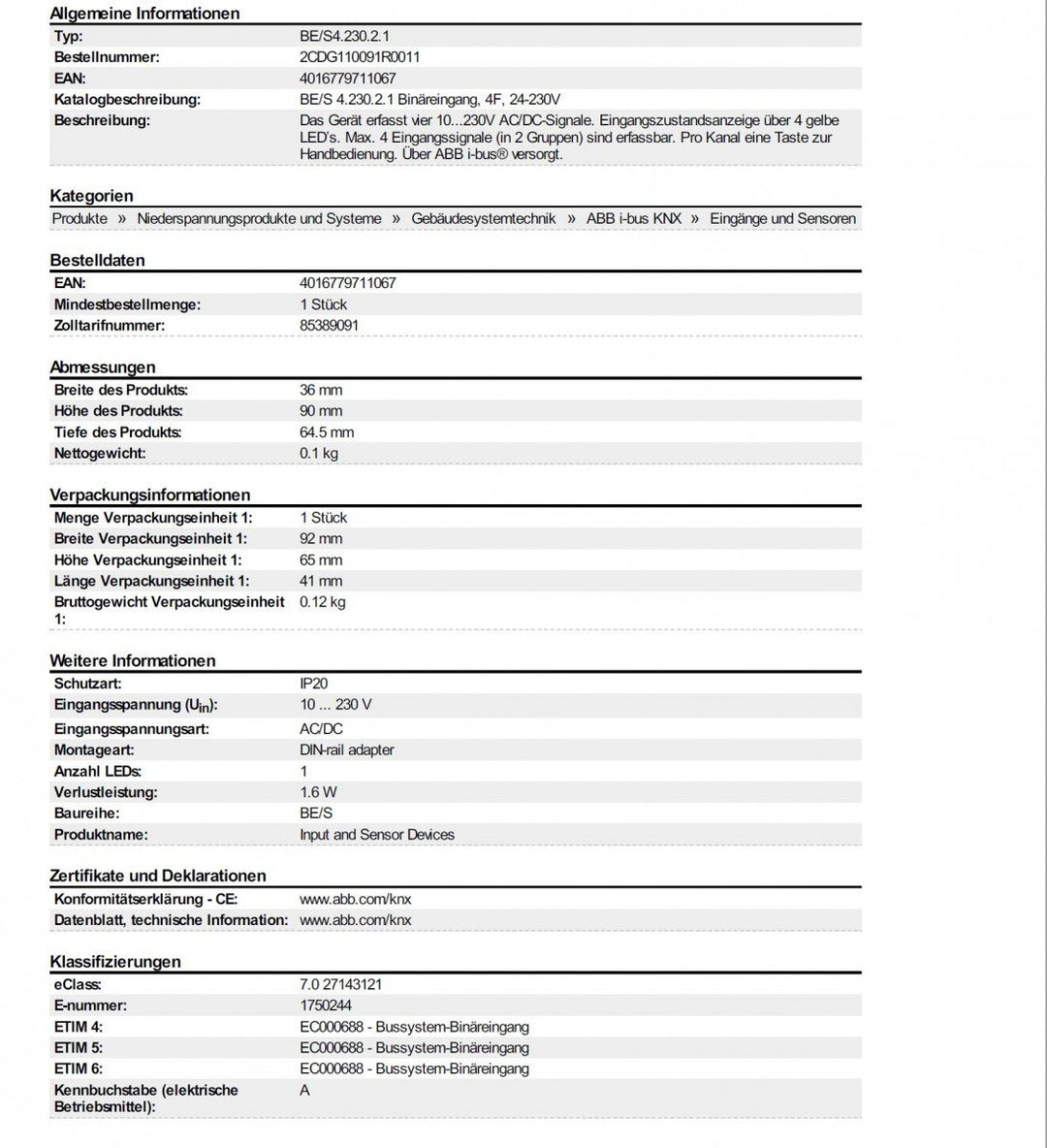 ABB BE/S4.230.1 EIB/KNX Binäreingang, 4-fach, 230V, REG
