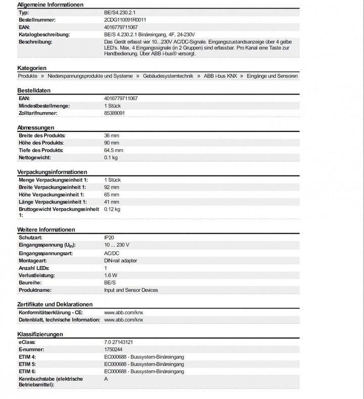 ABB BE/S4.230.1 EIB/KNX Binäreingang, 4-fach, 230V, REG