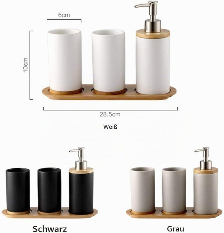 Badezimmer Accessoires Set Keramik, 4-teilig, Zahnbürstenhalter, Seifenspender, Bambus Fach, Zahnput