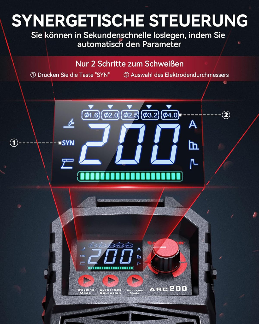 ARCCAPTAIN ARC 200 Schweissgerät: 200A IGBT DC Schweissgerät mit LED-Anzeige, Synergetische Steuerun