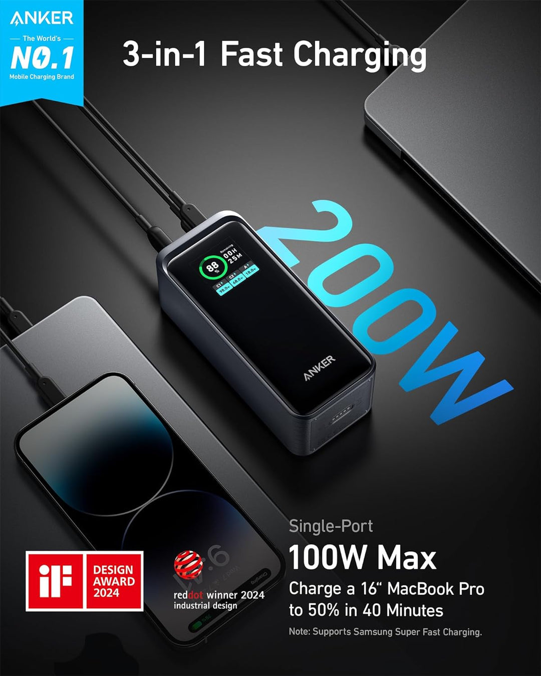 Anker Prime Powerbank, 20.000mAh externer Akku mit 200W Leistung, Digitales Display, 2X USB-C und 1x