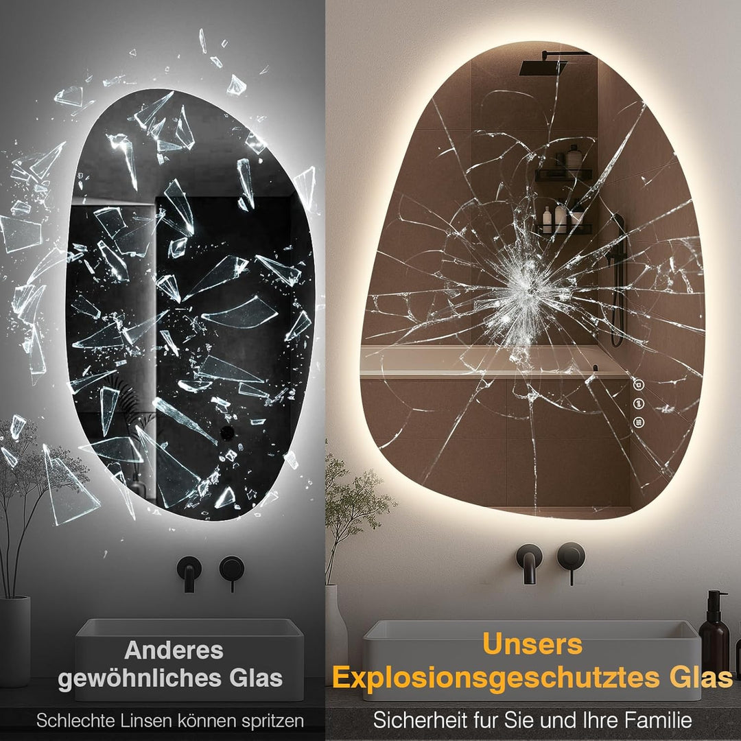 Asymmetrischer LED-Badspiegel mit Beleuchtung 83x60 cm, Beschlagfrei, 3 Lichtfarben Einstellbare Spi