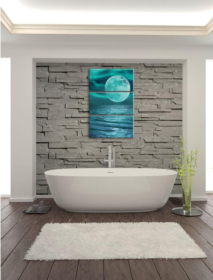 Pixxprint ruhiges Meer mit Vollmond 3-Teiler Leinwandbild 120x80 Bild auf Leinwand