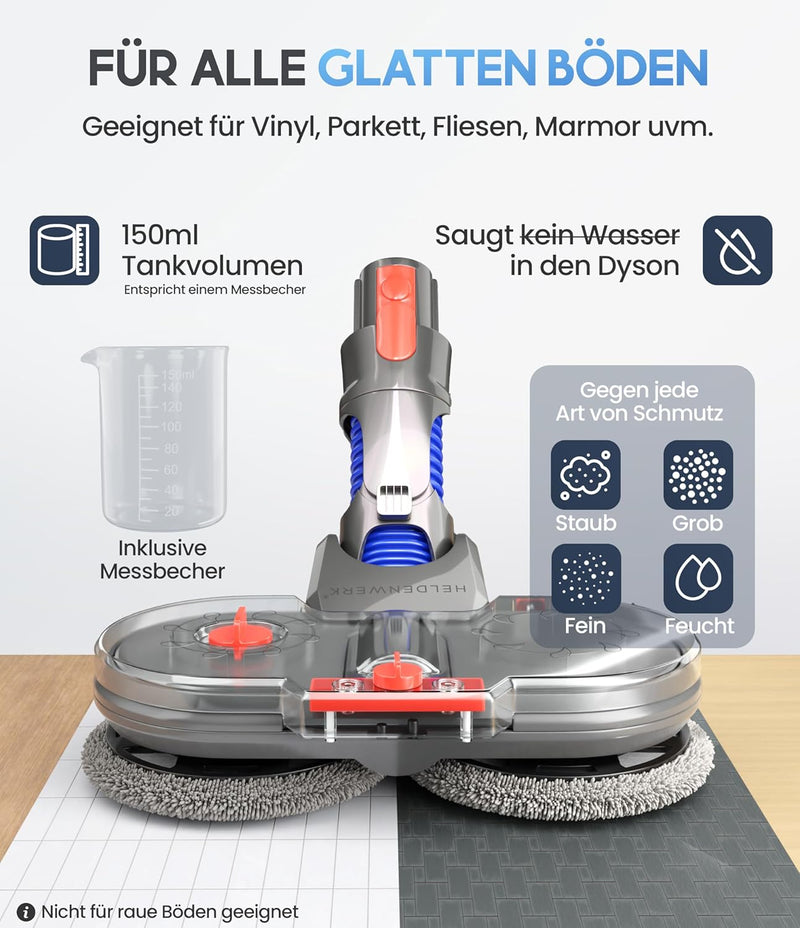 HELDENWERK Wischaufsatz für Dyson elektrisch für V7/V8/V10/V11/V15 Staubsauger I Wischmopp Aufsatz m