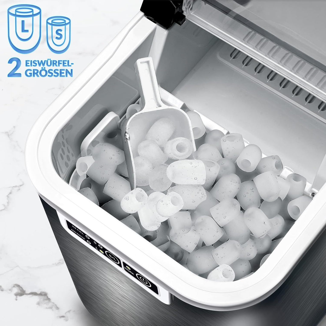 tillvex Eiswürfelmaschine Edelstahl 12 kg - 24 h | Eiswürfelbereiter 2,2 Liter Wassertank | Ice-Make