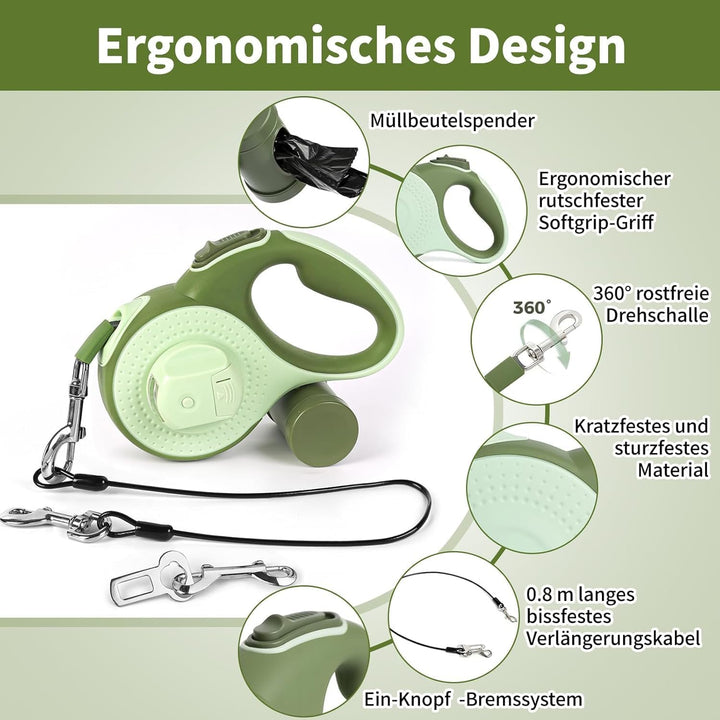 8M Lange einziehbare Hundeleine mit LED-Licht, Pecute Hundeleine mit Kotbeutelhalterung 360° Verhedd