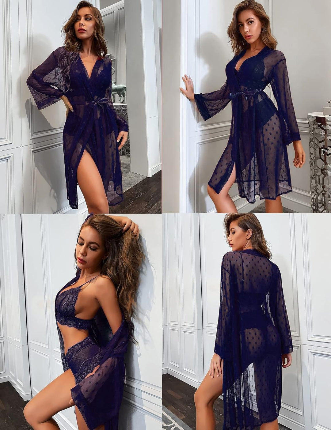RSLOVE Sexy Dessous Set für Damen 3 teilig Spitzen Kimono mit BH und Höschen S Marineblau, S Marineb