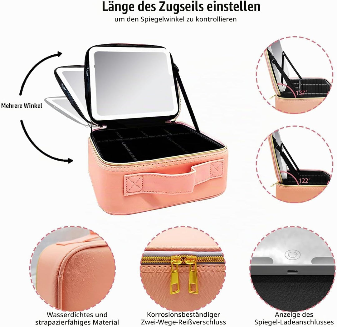 Make up Tasche mit Spiegel，Travel Makeup Bag mit 1/10x Spiegel und 3 Farbe Licht，Make up Organizer T