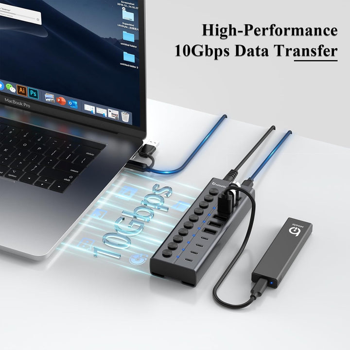 10 Port USB Hub mit Netzteil 60W - 10Gbps USB 3.2 Gen 2 Hub Aktiv aus Aluminium mit 6 USB-A & 4 USB-