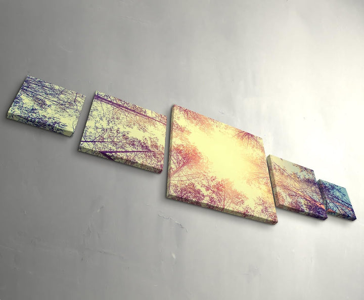 Leinwandbild 5 teilig (160x50cm) Vintage – Wald, Baumwipfel 5xQuadrat Gesamt 160x50cm, 5xQuadrat Ges