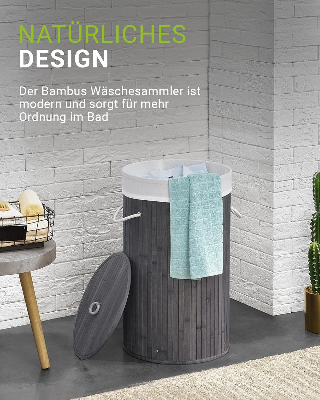 Juskys Bambus Wäschekorb Curly-Round Grau 55L - Hygienischer & Faltbarer Wäschekorb mit Deckel, Trag