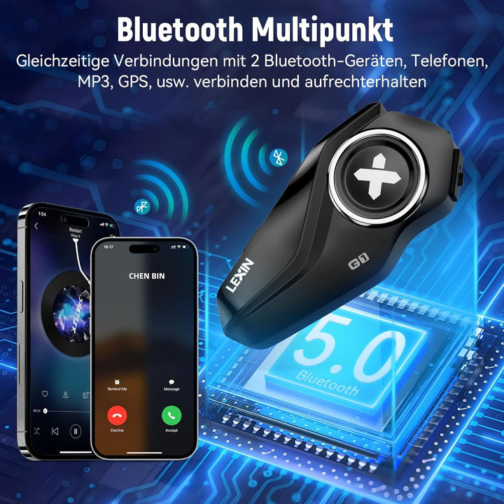 LEXIN G1 Motorrad Bluetooth 5.0 Kopfhörer, Helm Headset für Musik und Navi-Ansage Hören, Freihändige