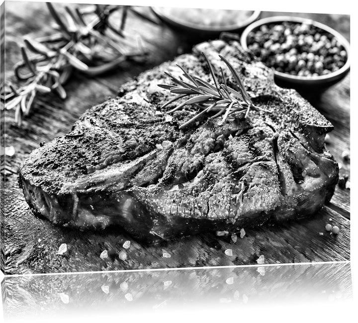 Pixxprint Leckeres Fleisch mit Rosmarin / 100x70cm Leinwandbild bespannt auf Holzrahmen/Wandbild Kun