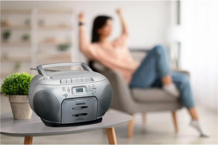 Lenco SCD-420 Silver Tragbares UKW-Radio mit Toplader CD-Spieler und Kassettendeck, LCD Display, Wie