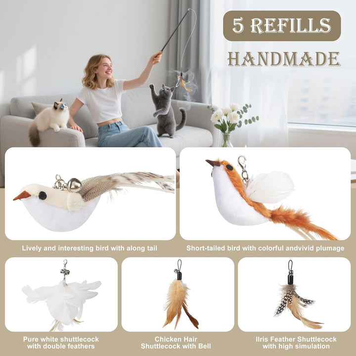 14 Stück Katzenspielzeug, Katzen Spielzeug Set mit 2 Langen Katzenengel, 4 Angelschnüren, 2 Vogel, 3