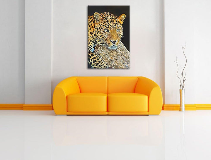 Dark Ruhiger Leopard Deluxe Format: 100x70 cm auf Leinwand, XXL riesige Bilder fertig gerahmt mit Ke