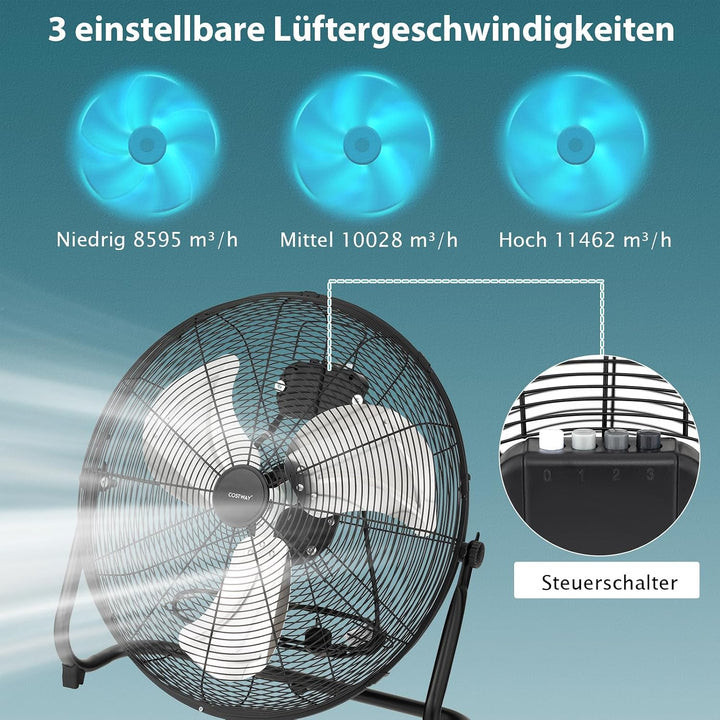 COSTWAY Bodenventilator 160W mit 3 Stufen, Trommelventilator | Windmaschine mit 3 Geschwindigkeitsst